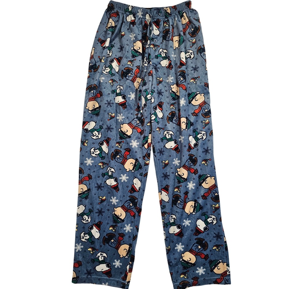 Peanuts Snoopy Charlie Brown Pajama Pants Mens Medium Blue Fleece Winter Holiday
